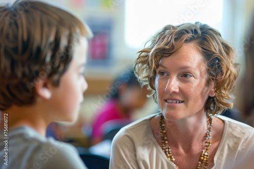 Devoted mother with a gentle expression attentively listens to her young child in a classroom setting