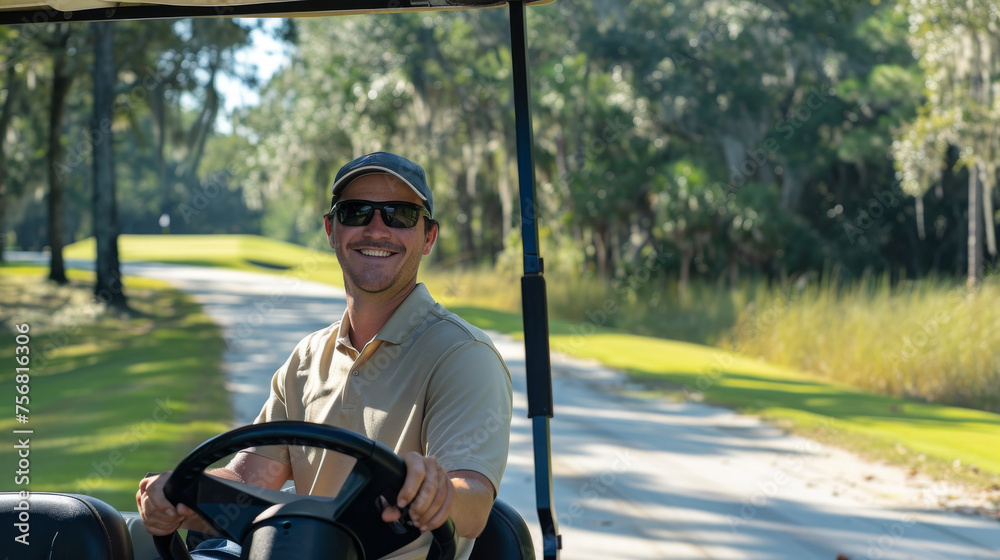 A smiling young man enjoying a sunny day while driving a golf cart along a scenic route A smiling young man enjoying a sunny day while driving a golf cart along a scenic route