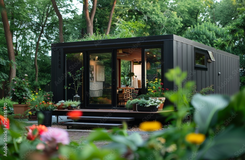 Small garden cabin with colorful flowers and plants. Environmental protection lifestyle concept.