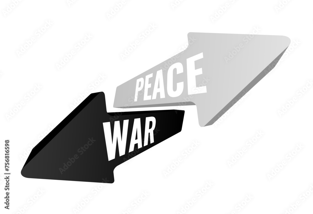 Simple black and white vector shapes 3d design arrows with War and Peace white color text titles Simple black and white vector shapes 3d design arrows with War and Peace white color text titles