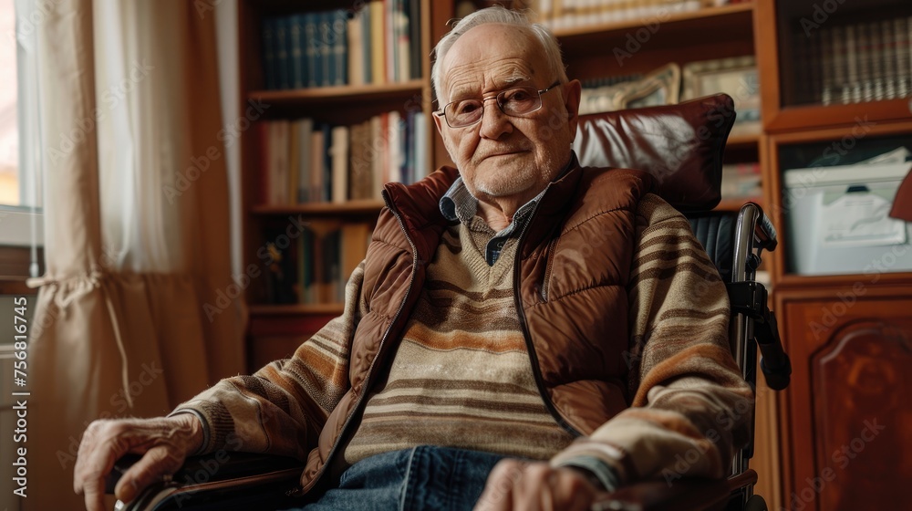 Take care elderly. Portrait of lonely senior man in wheelchair at home. Elderly people. feeling sad and depressed looking window outside. 