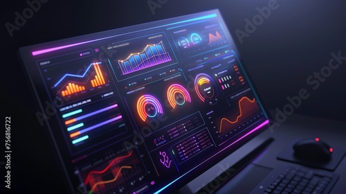 Glassmorphic digital dashboard with translucent interface and vibrant data visualizations