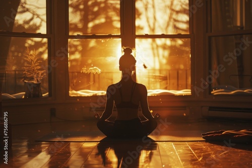 A serene silhouette of an individual meditating in a room flooded with golden sunset light shining through large windows