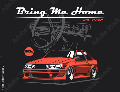front cabin background along with 90s red car and text for printed illustration vector graphic