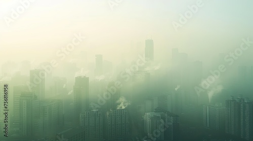 Air pollution in the city. Smog city from PM 2.5 dust, Cityscape of buildings with bad weather, Unhealthy air pollution dust, environment, Blurred image