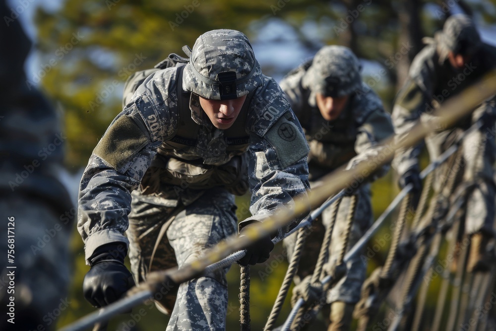 Soldiers in camo uniforms display agility and coordination as they navigate a sunny outdoor rope obstacle course Soldiers in camo uniforms display agility and coordination as they navigate a sunny outdoor rope obstacle course