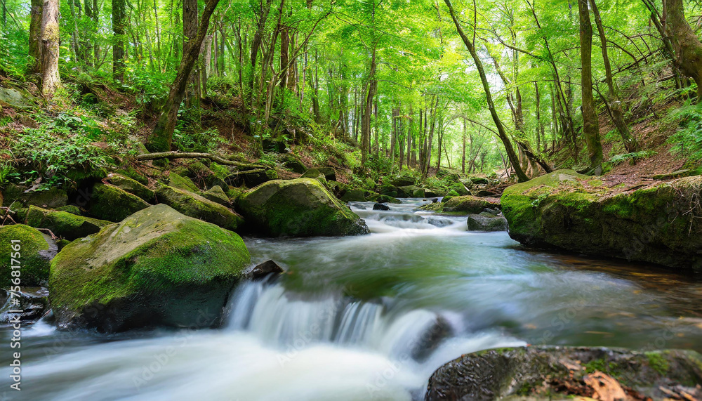 A peaceful creek meanders through a serene forest, lined with vibrant greenery