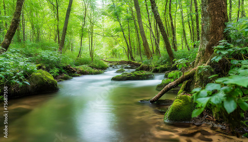 A peaceful creek meanders through a serene forest  lined with vibrant greenery