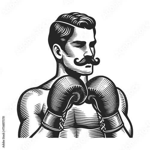 Old fashioned Vintage Boxer with Gloves gentleman man classic mustache sketch engraving generative ai fictional character vector illustration. Scratch board imitation. Black and white image.