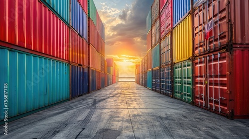 Stacked cargo containers in the storage area of freight sea port terminal, concept of export-import logistics and national delivery of goods. Business and transportation