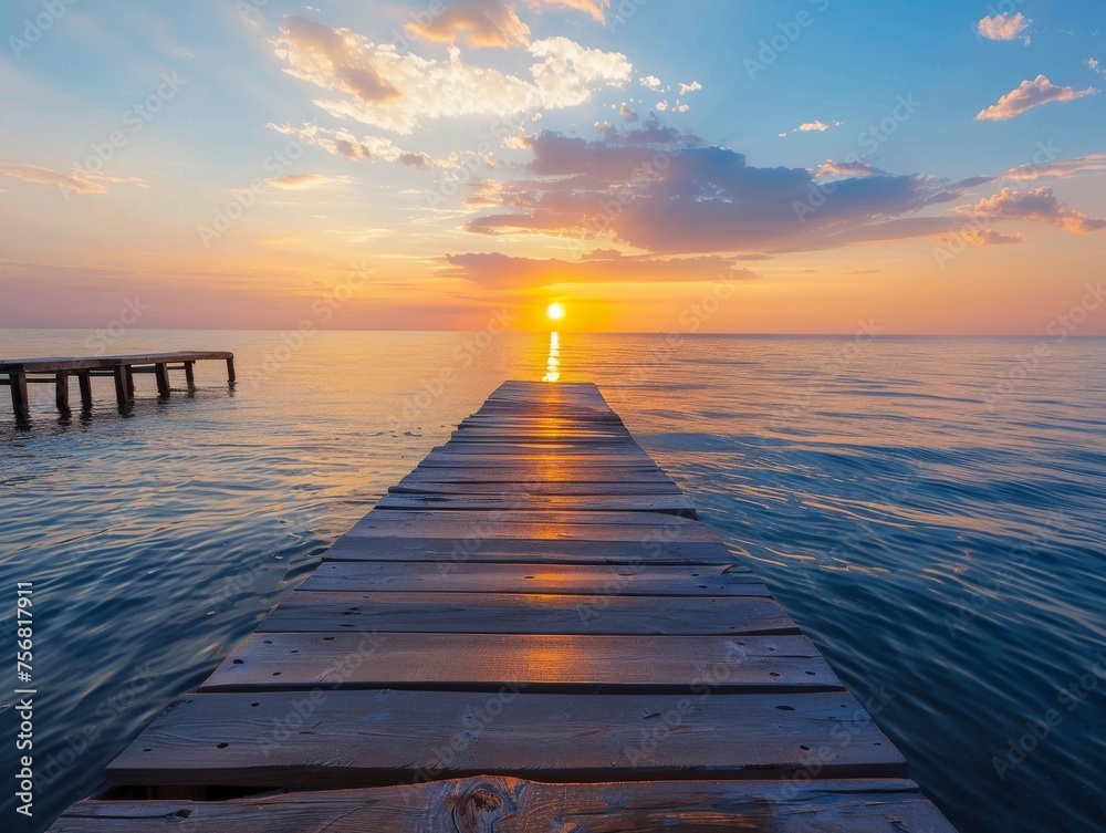 A breathtaking view of a serene sunset over the ocean, as seen from a rustic wooden pier extending into the water A breathtaking view of a serene sunset over the ocean, as seen from a rustic wooden pier extending into the water