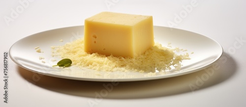 A piece of cheese, a dairy ingredient, is elegantly placed on top of a white plate. It is a staple food commonly used in various recipes and dishes