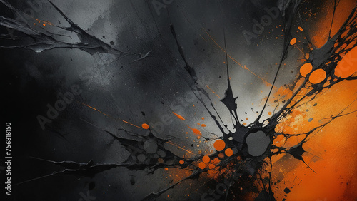 Abstract black and orange background with paint splashes