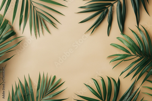 A flat lay of fresh green palm leaves spread out over a soft pastel sandy backdrop, creating a tranquil tropical feel.