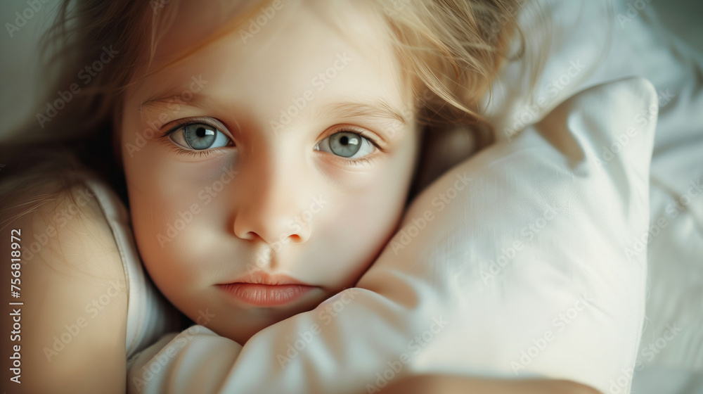 A young girl gazes directly ahead, her luminous eyes filled with sadness as she tightly embraces a white pillow A young girl gazes directly ahead, her luminous eyes filled with sadness as she tightly embraces a white pillow
