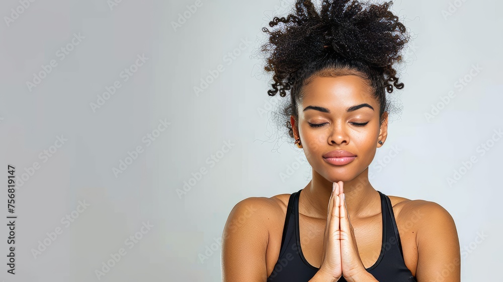 Wellness promotion woman in yoga pose showcasing trendy athletic wear on white for fitness campaign Wellness promotion woman in yoga pose showcasing trendy athletic wear on white for fitness campaign