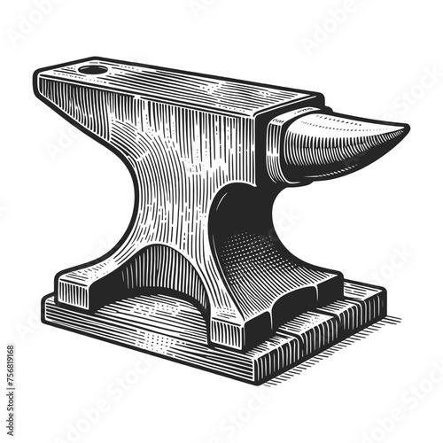 Vintage blacksmith anvil, depicted in an engraved style. Sketch engraving generative ai vector illustration. Scratch board imitation. Black and white image.
