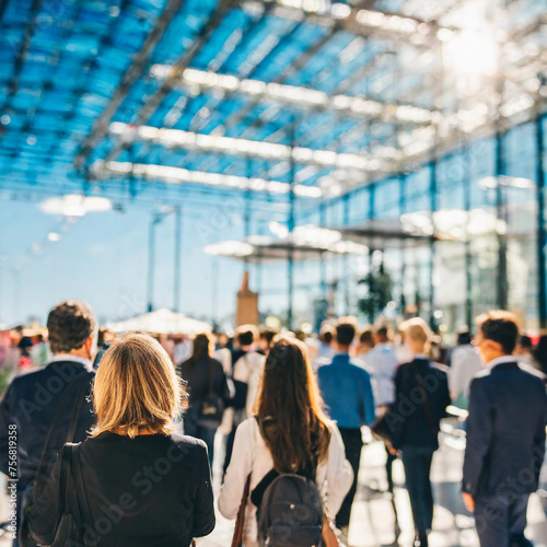 Blurred Individuals in Expo Background. Trade Show Concept with Exhibition, Marketing, and Crowd in Blurred Lighting