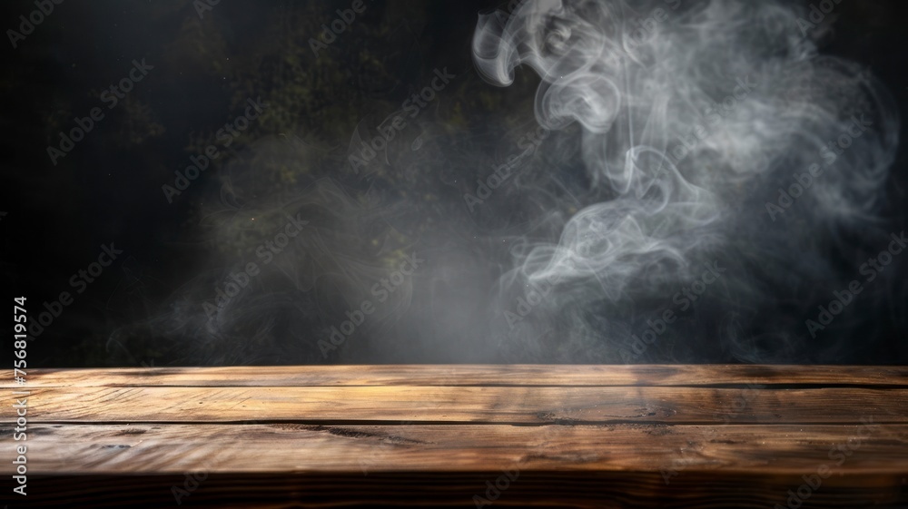 On a black background, an empty wooden table with smoke floats up. Empty space for displaying your products, with a smoke float up on a dark background. copy space - generative ai On a black background, an empty wooden table with smoke floats up. Empty space for displaying your products, with a smoke float up on a dark background. copy space - generative ai