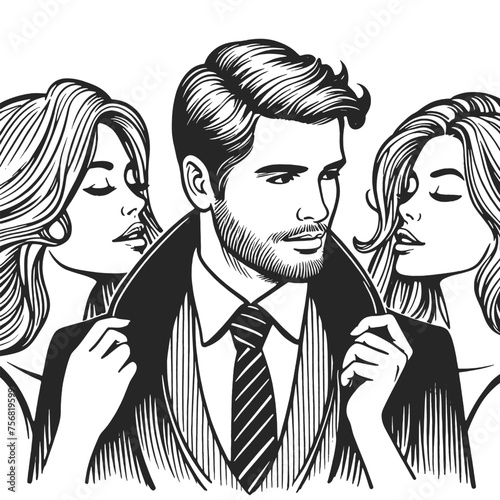 stylish, confident womanizer man with group of admiring women looking on. Sketch engraving generative ai vector illustration. Scratch board imitation. Black and white image.