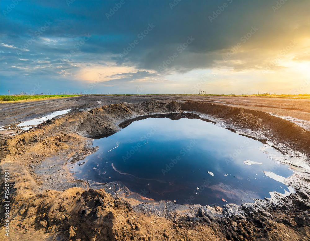 Small oil field or petroleum deposit Soil pollution by oil Oil spill Ecological catastrophe. with copy space image. Place for adding text or design