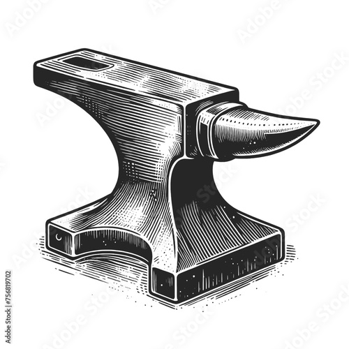 Vintage blacksmith anvil, depicted in an engraved style. Sketch engraving generative ai vector illustration. Scratch board imitation. Black and white image.