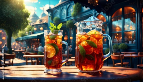 A pitcher of iced tea on a table at a cute outdoor cafe. 