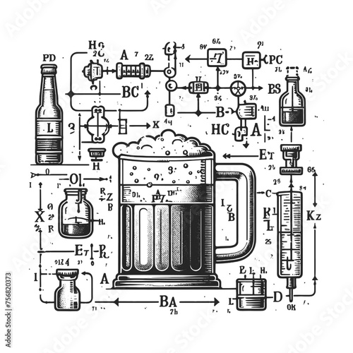 Formula of beer glass with bubbles, abstract science chemistry classic black and white theme. Sketch engraving generative ai vector illustration. Scratch board imitation. Black and white image.
