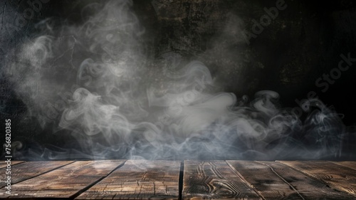 On a black background, an empty wooden table with smoke floats up. Empty space for displaying your products, with a smoke float up on a dark background. copy space - generative ai