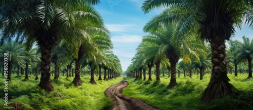 A dirt road winds through a lush palm tree plantation under a clear blue sky, creating a serene natural landscape with fluffy white clouds