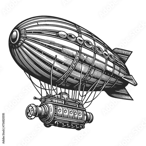 Airship in steampunk style sketch engraving generative ai vector illustration. Scratch board imitation. Black and white image.