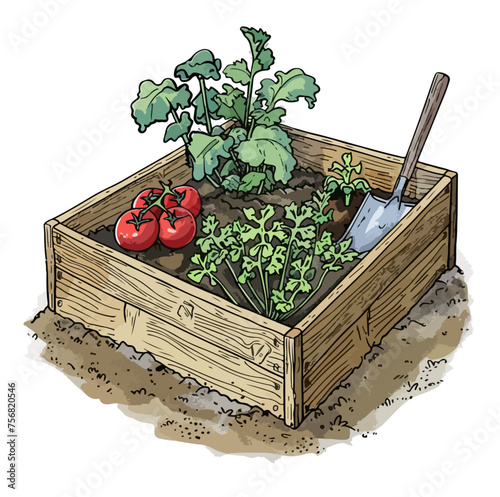 Holz Hochbeet Tomaten Kräuter Beet Garten Selbstversorger Gemüse Einpflanzen Illustration Wasserfarben