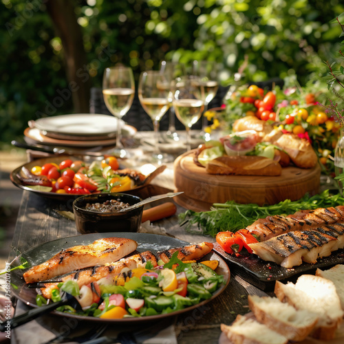 Grilled meat with vegetables and sauce on wooden table in summer garden