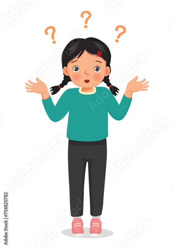 Cute little girl shrugging her shoulders with clueless and confused expression