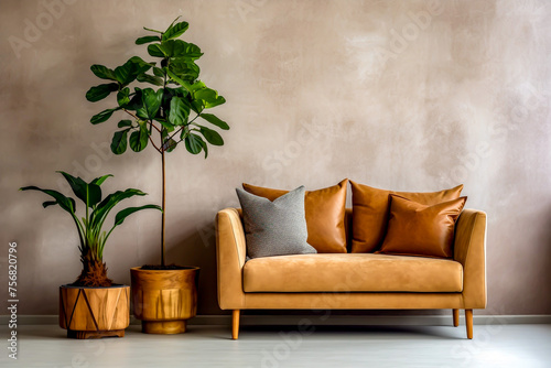 Brown velvet love seat with cushings aside potted floor plants set against an off white stucco wall interior living room design copy space photo