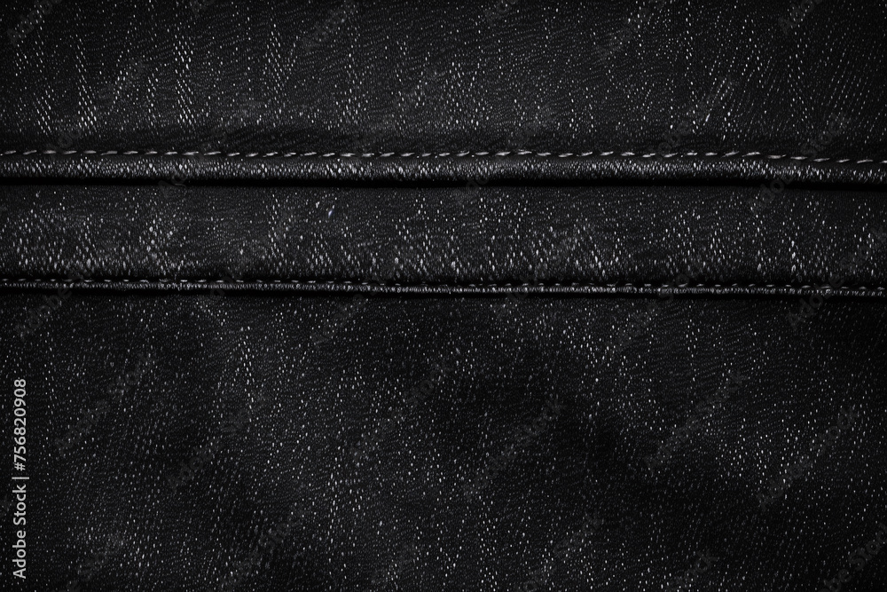 Naklejka premium Close-up of white thread stitching on black denim fabric