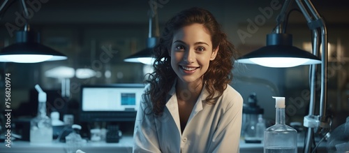 A female scientist is sharing a smile while working in a laboratory environment, showcasing a positive gesture during the event