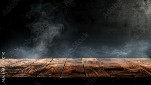 On a black background, an empty wooden table with smoke floats up. Empty space for displaying your products, with a smoke float up on a dark background. copy space - generative ai