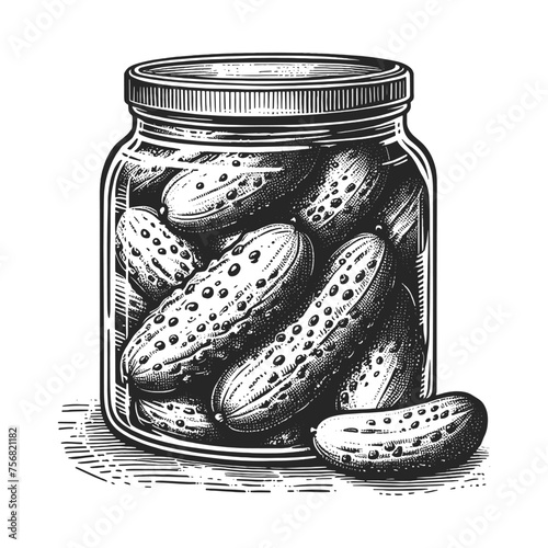 pickles in sealed glass jar, isolated on white, depicted in an engraved style. Sketch engraving generative ai vector illustration. Scratch board imitation. Black and white image.