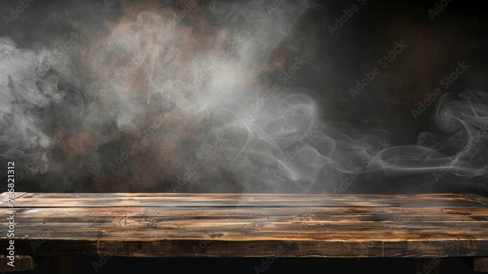 On a black background, an empty wooden table with smoke floats up. Empty space for displaying your products, with a smoke float up on a dark background. copy space - generative ai