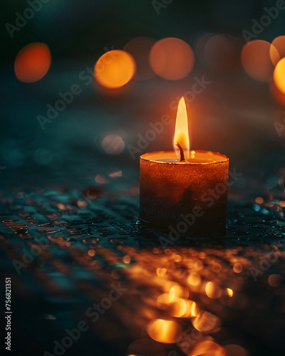 Solitary Candle Flame on Wet Surface