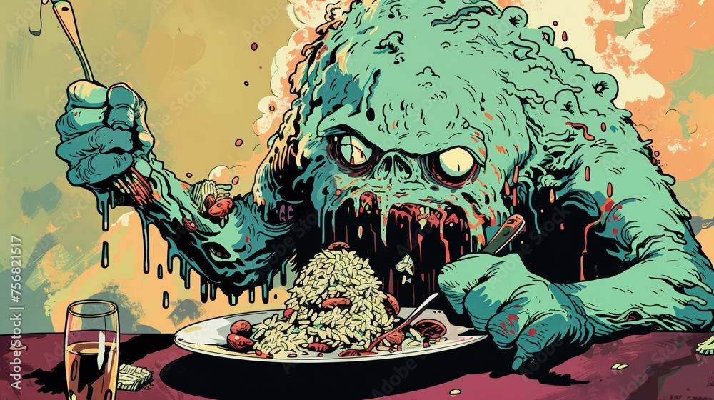 Use a limited color palette to render a sickly mint green monster feasting on a plate of risotto