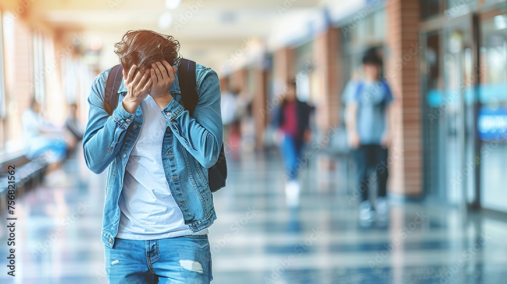 Fototapeta premium Teenage boy with learning difficulties crying in school corridor, blurred background with copy space