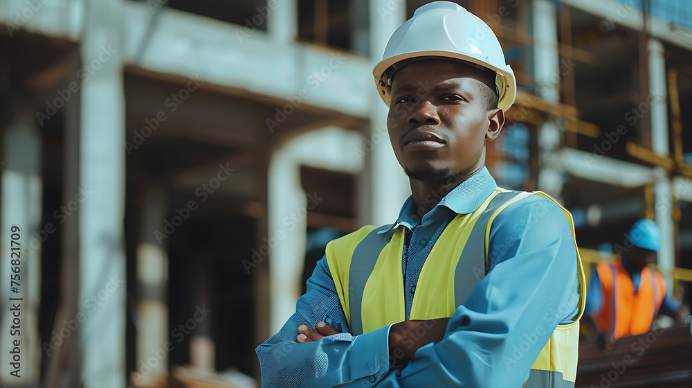 This image depicts a person in construction attire, wearing a white hard hat and a yellow reflective vest over a blue shirt The individual stands with their arms crossed in front of a blurred backgrou This image depicts a person in construction attire, wearing a white hard hat and a yellow reflective vest over a blue shirt The individual stands with their arms crossed in front of a blurred backgrou