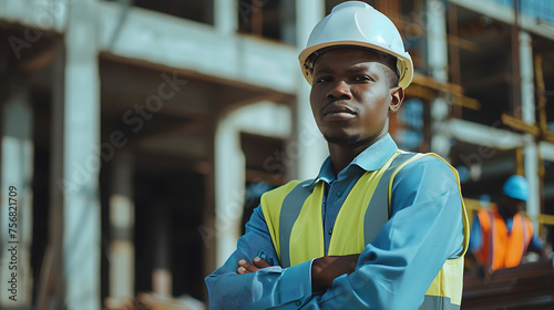 This image depicts a person in construction attire, wearing a white hard hat and a yellow reflective vest over a blue shirt The individual stands with their arms crossed in front of a blurred backgrou photo