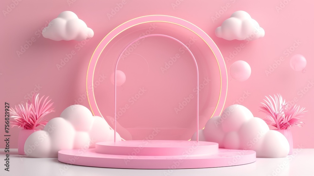 Dreamy studio scene with minimal cloud background podium for product display, showcasing in 3d.