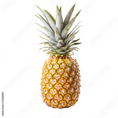 Single whole pineapple isolated on white, transparent cutout