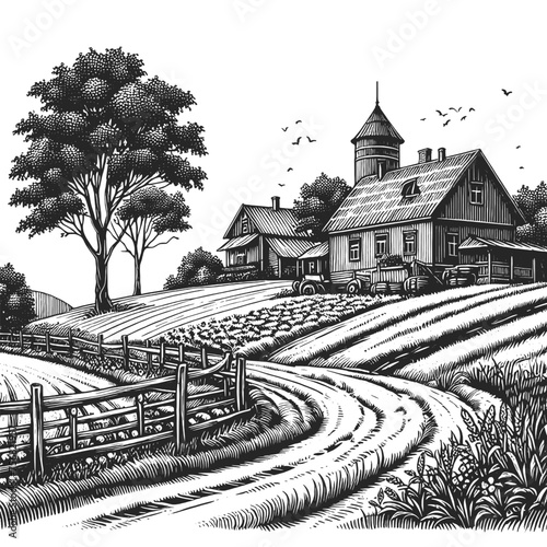 cozy rural farm house pastoral landscape, featuring farmhouses, cultivated fields, lush vegetation. Sketch engraving generative ai vector illustration. Scratch board imitation. Black and white image.