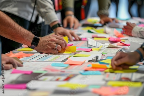 A group of professionals collaboratively sort through various post-it notes on a work table