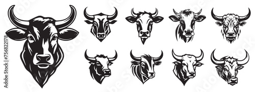 cows, horned cattle, heads collection, black vector graphic laser cutting engraving © Malgo